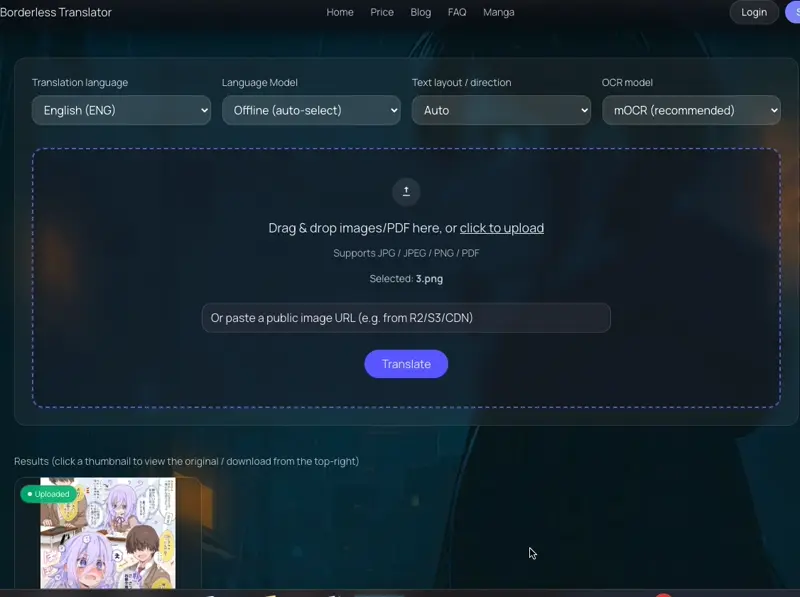 AI Manga Translate-Select language, model, OCR and text direction